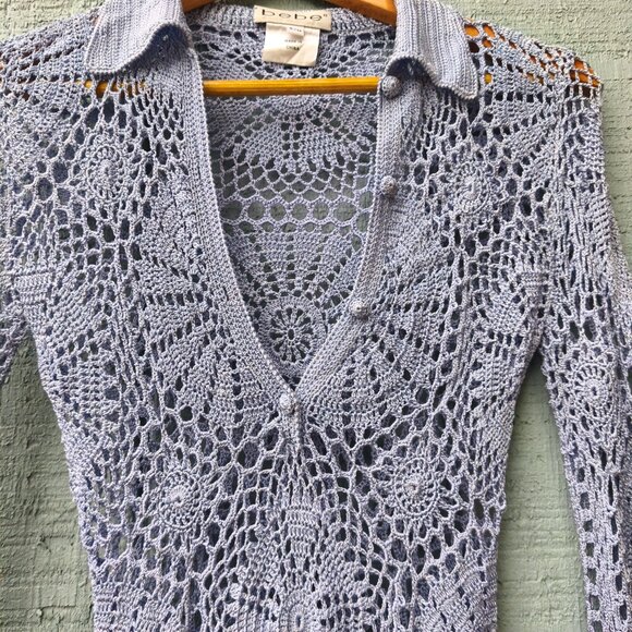 y2k Bebe Crochet Knit Fairy Boho Top sz S/M Blue Gray Festival Beach Whimsical - Picture 2 of 10